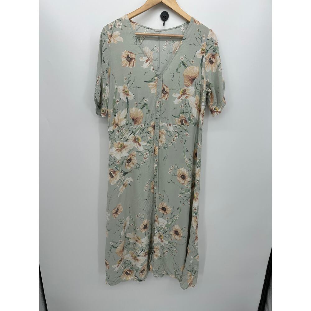 H&M Women Green Floral Button Front Maxi‎ Dress Size 12 Boho Cottagecore Dainty